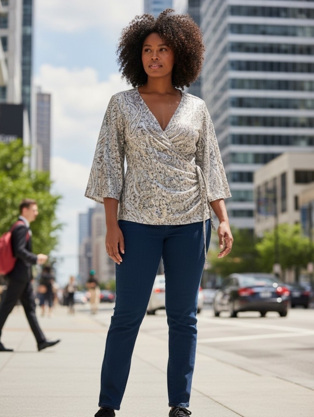 Paisley Wrap-Front V-Neck Blouse in Black & White